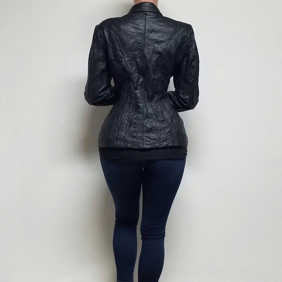 JONES New York Black Crinkled Leather Notched Collar Button Up Moto Jacket Large - Picture 3 of 16